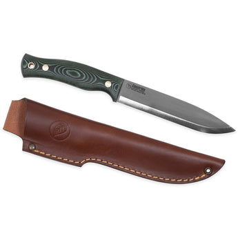 No.14 SFK vildmarkskniv med skaft av grön micarta och läderfodral