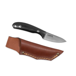 liten jaktkniv med svart G10 skaft och läderfodral